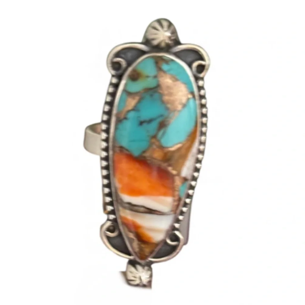 Turquoise spiny oyster copper sterling silver statement ring